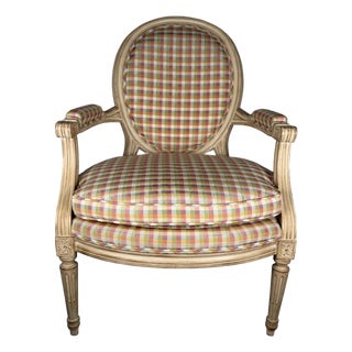 Late 20th Century Louis XVI Style Creme Painted Upholsterer Fauteuil Armchair For Sale