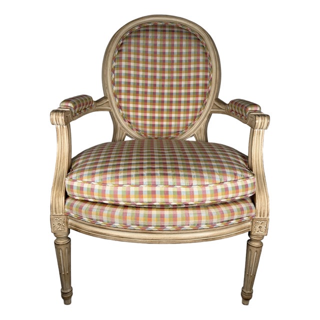 Late 20th Century Louis XVI Style Creme Painted Upholsterer Fauteuil Armchair For Sale