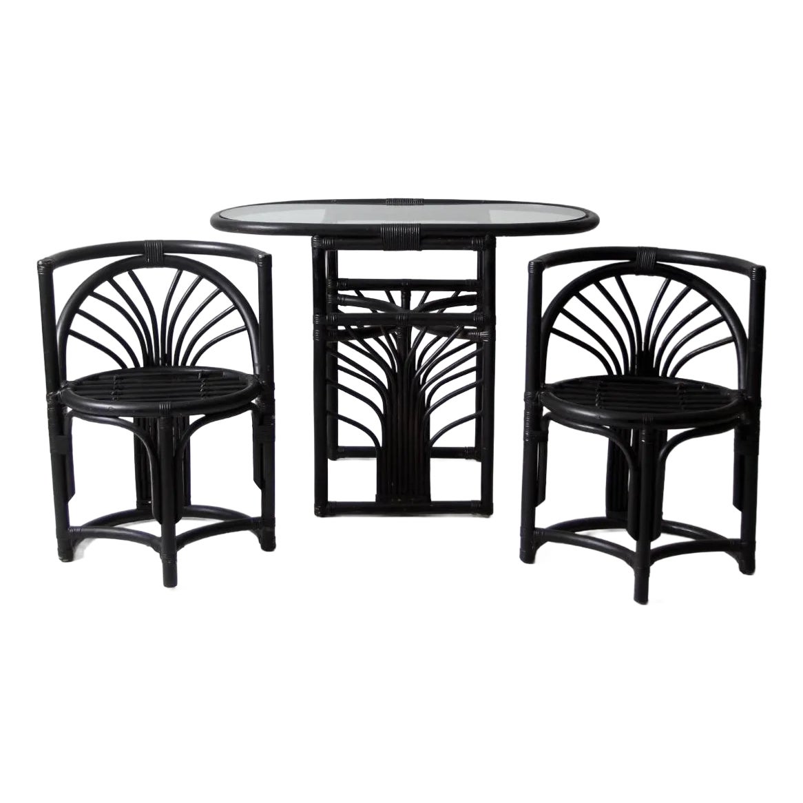 Mid Century Black Rattan Table and Chairs Set | Chairish