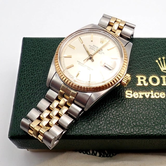 1970s Rolex Oyster Perpetual Watch Datejust 36mm Stainless 18k Gold Jubilee Band Mens For Sale - Image 10 of 11