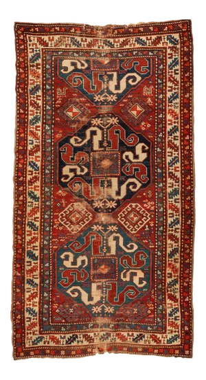 Antique Red Ivory Blue Distressed Tribal Caucasian Cloudband Kazak Rug