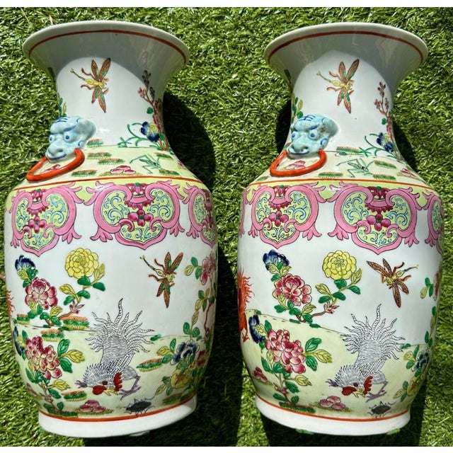 Wood Pair of Antique 19th Century Rare Chinese Porcelain Vases Hand Painted Roosters, Florals & Insects For Sale - Image 7 of 18