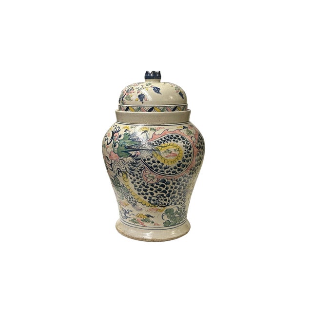 Vintage Historic Treasure Dragon Theme Beige Base Ceramic Pot Vase For Sale In San Francisco - Image 6 of 8