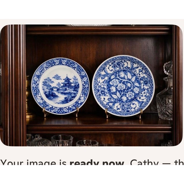 Blue/White 8.5” Set of 2 Plates. Andrea by Sadek. Made in Japan 1970. Blue Printed Mark Unique Character. Decorative Pair. Chinsoirie. For Sale - Image 4 of 4
