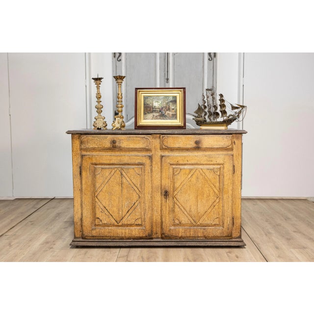 17th Century Italian Distressed Paint Wooden Buffet with Carved Diamond Motifs For Sale - Image 4 of 12