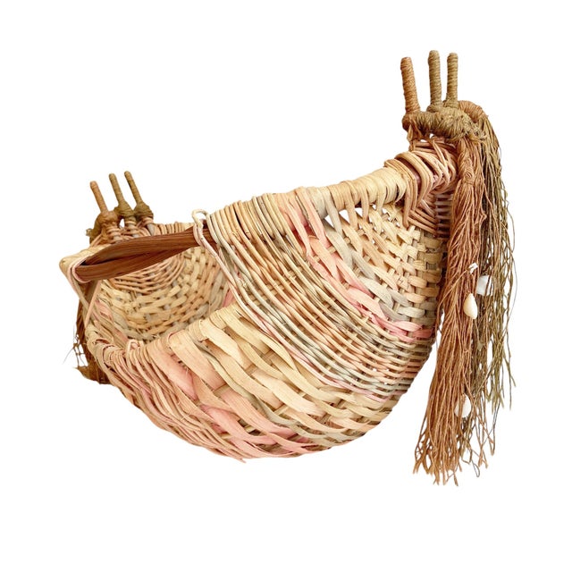 1980s 1980s Handwoven Twig Handle Nautical Colorful Basket With Tassels & Shells For Sale - Image 5 of 7