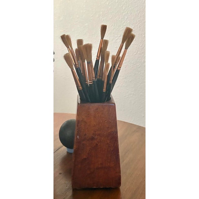 Burnt Umber Vintage (1960’s) Custom Hand-Carved Mahogany Paint Brush Holder, 6.25” High For Sale - Image 8 of 10