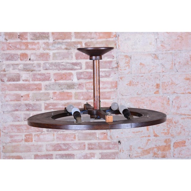 1950s Mid-Century Ceiling Lamp in Oak and Frosted Glass, Czech, 1950s For Sale - Image 5 of 11