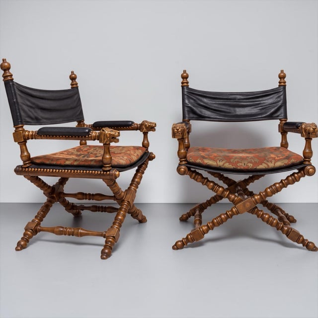 Campaign Campaign Style Leather Carved Bobbin X-Frame Director Chairs Att. Marge Carson - Pair For Sale - Image 3 of 6