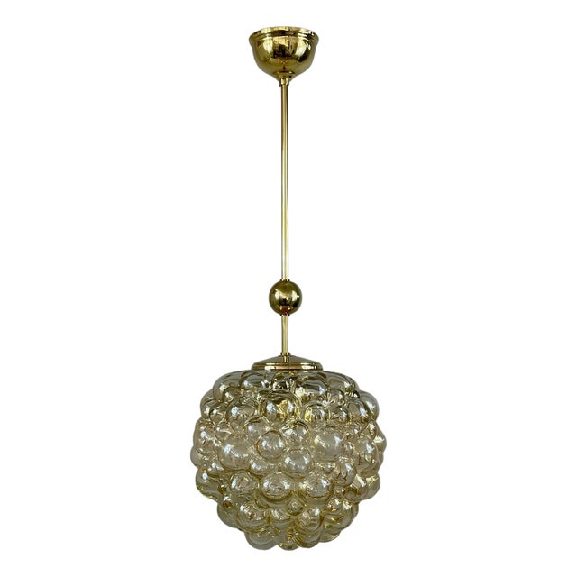 Amber Bubble Glass & Brass Pendant by Helena Tynell for Limburg, Germany, 1960s For Sale