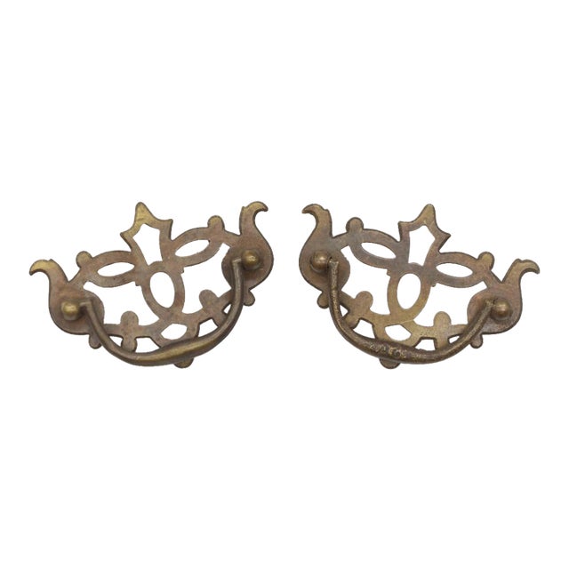 Pair of Vintage Cut Out 3.375 In. Brass Bail Dresser Drawer Pulls For Sale