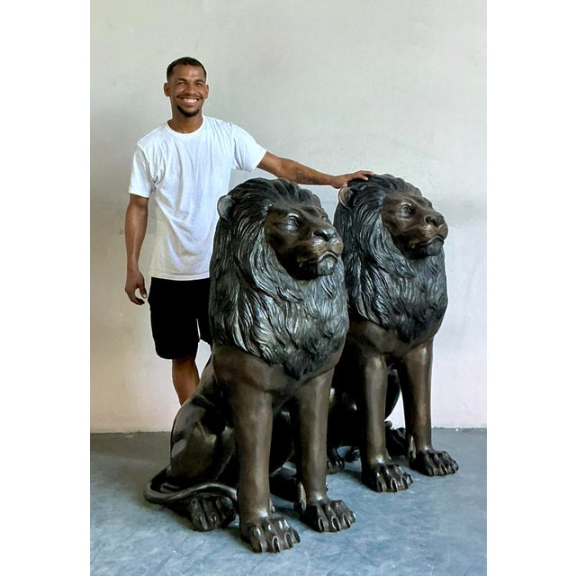 Late 20th Century Early 20th Century Boho Monumental Bronze Lion Statues - A Pair For Sale - Image 5 of 16