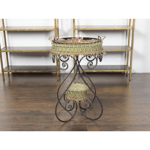 French Turn of the Century 1900s Two-Tiered Green Painted Oval Jardinière For Sale - Image 4 of 11