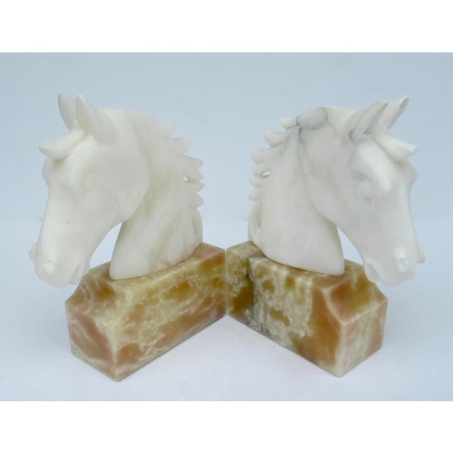 Mid-Century Modern Vintage Mid-Century Modern C.1970's Italian White Carrera & Crema Marfa Marble Horse Head Bookends - a Pair For Sale - Image 3 of 13