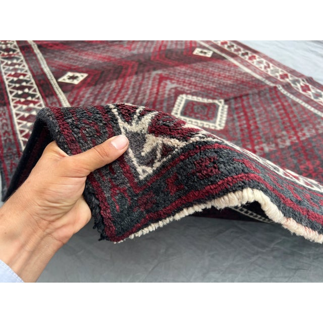 Vintage Afghan Baluchi Hand-Knotted Wool Runner | Deep Burgundy & Ivory Tribal Diamond Rug For Sale - Image 6 of 10