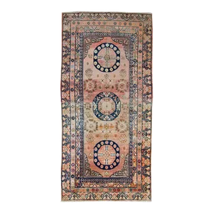 1920s Antique Large Khotan Rug Medallion Apricot Pastel Pink Wool Hand-Knotted Rug - 6’11” X 14’2”