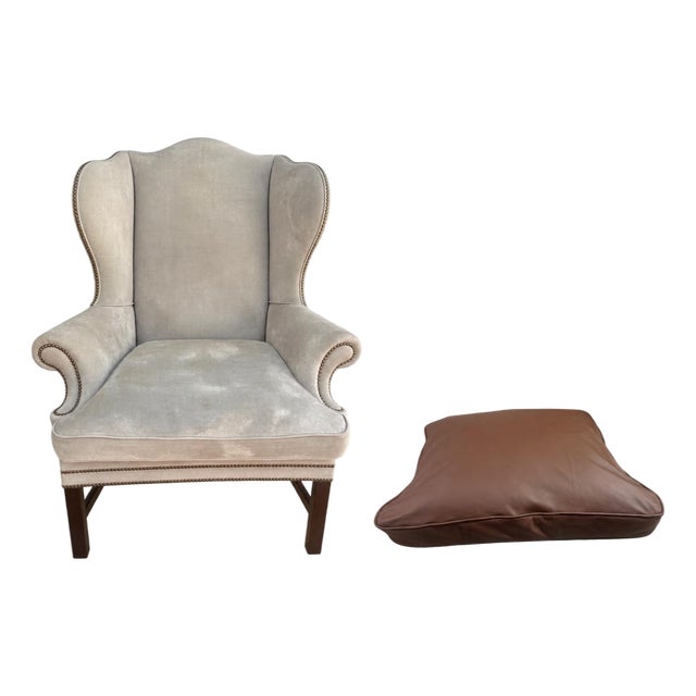 Ralph Lauren Home Devonshire Suede Wingback Chair With Extra Italian Leather Cushion Cover For Sale
