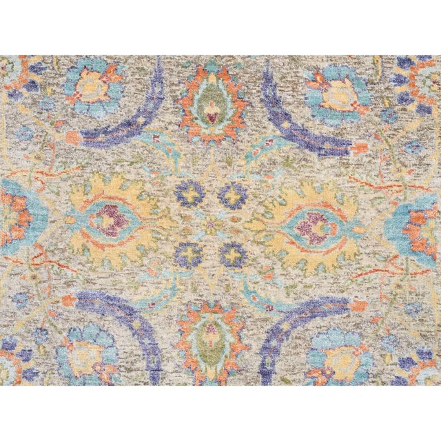 Tan, Hand Knotted Sickle Leaf Design Silk With Textured Wool, XL Runner Oriental Rug For Sale - Image 4 of 9