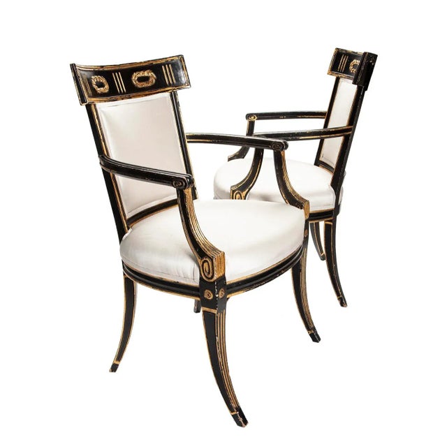 Traditional Early 19th Century Italian Regency Style Ebony & Gilt Armchairs in European Silk - a Pair For Sale - Image 3 of 13