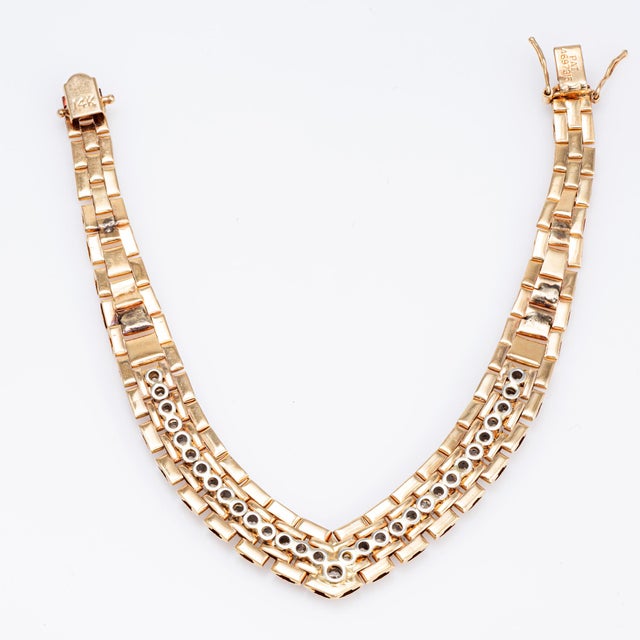Modern 80s Vintage 1.11ct Diamond v Bracelet 14k Yellow Gold 7" Fine Link Jewelry For Sale - Image 3 of 4