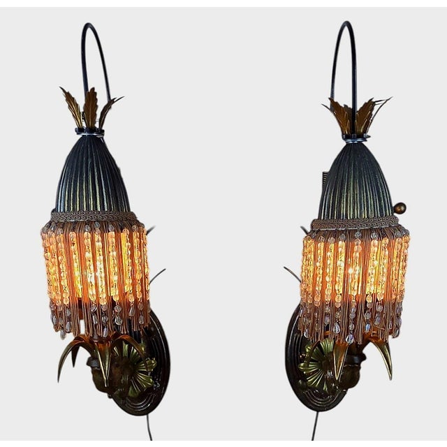 Tan 1970s Hollywood Regency Italian Gilt Torchère Wall Sconces With Beaded Fringe Shades - a Pair For Sale - Image 8 of 11