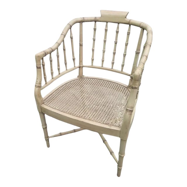 Vintage Distressed Tan Faux Bamboo Cane Seat Regency Arm Side Chair For Sale