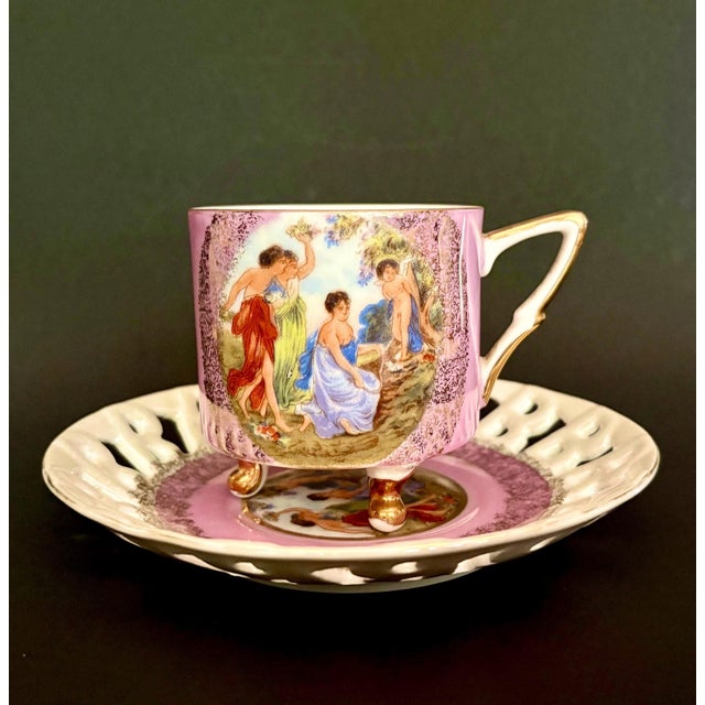 Traditional Vintage Royal Halsey Teacup & Saucer: Gilded Pastoral Scene, Reticulated Saucer For Sale - Image 3 of 8