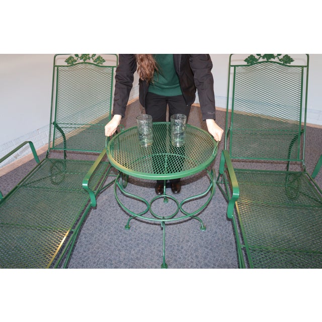 Mid 20th Century Attributed to Russell Woodard Wrought Iron Chaise Loungers With Removable Service Table For Sale - Image 11 of 13