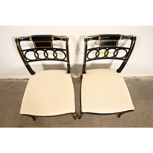 Late 20th Century Baker Furniture Historic Charleston Regency Ebonized and Gold Gilt Side Chairs or Dining Chairs, Pair For Sale - Image 5 of 16
