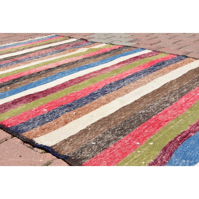 1960s Bohemian Style Turkish Striped Design Colorful Wool Oushak Kilim Rug For Sale - Image 9 of 12