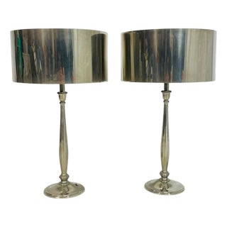 Pair of Nickel-Plated Modern Table Lamps With Matching Metal Shades For Sale