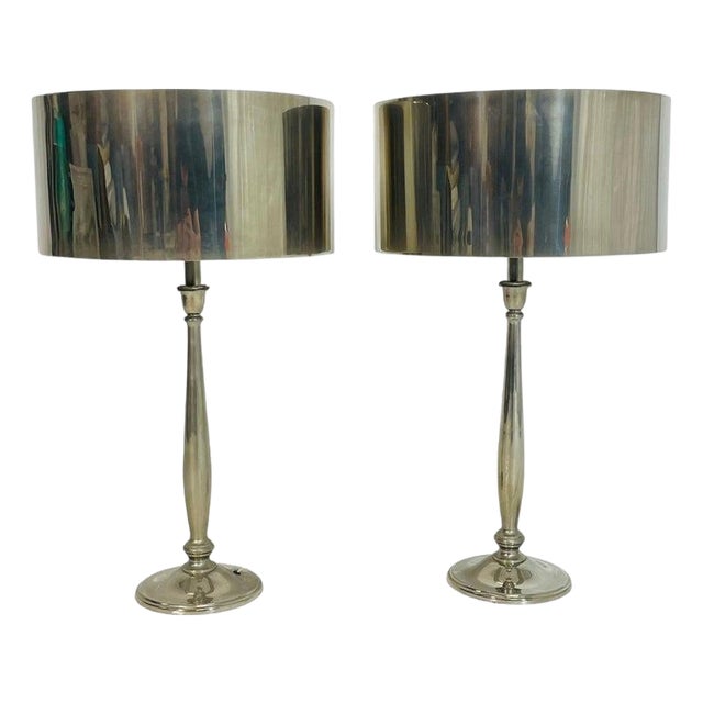 Pair of Nickel-Plated Modern Table Lamps With Matching Metal Shades For Sale