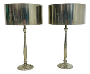 Pair of Nickel-Plated Modern Table Lamps With Matching Metal Shades