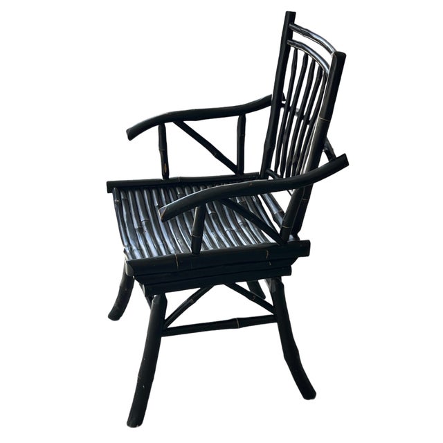 Boho Chic Pair of Chic Bamboo Arm Chairs Ebonized For Sale - Image 3 of 6