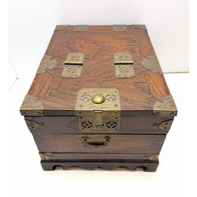 This one of a kind Antique Japanese Meiji or Taishō era Brass Mounted Wooden Vanity Box Jewelry Chest measures 12 inches...