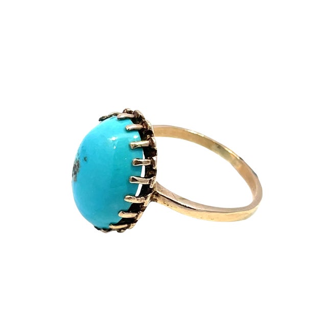 10k Yellow Gold Dome Shape Oval Turquoise Ring, Size 5 For Sale - Image 4 of 5