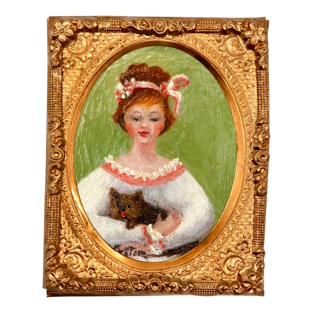 Mid-Century Miniature Portrait of Young Woman With Dog Signed Austin in Pressed Filagree Metal Frame For Sale