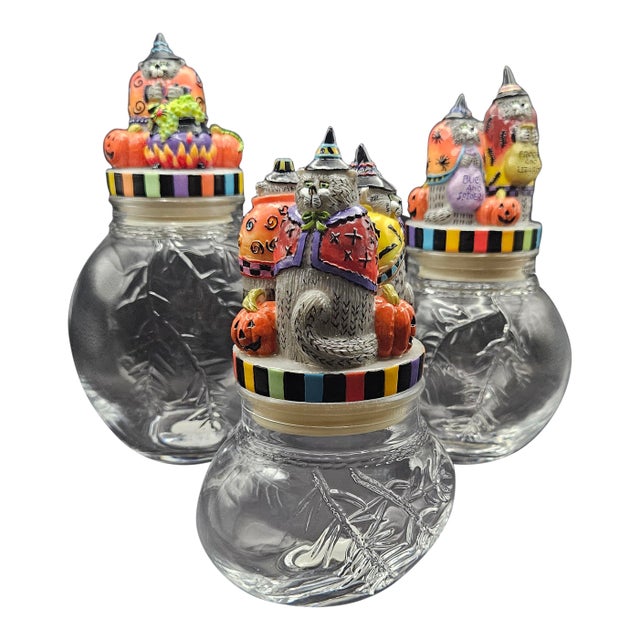 Vintage 1990s Fitz & Floyd Halloween Kitty Witches Candy Canisters Set of 3 For Sale