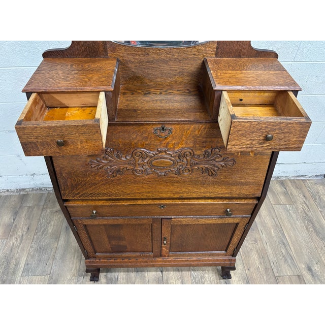 Victorian Antique Victorian Oak Secretary Desk For Sale - Image 3 of 15