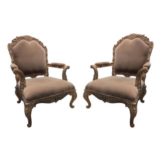 Mid 20th Century Ornate Louis XV / Rococo Style Hand-Carved Accent Armchairs – Pair of Elegant Chairs For Sale