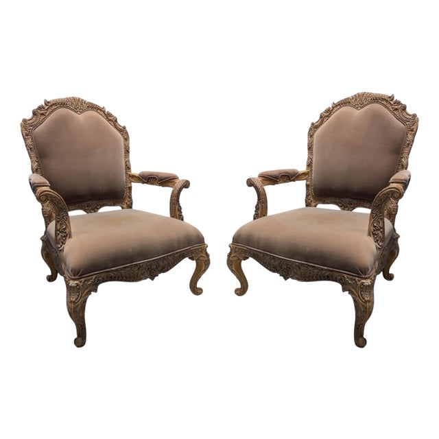 Mid 20th Century Ornate Louis XV / Rococo Style Hand-Carved Accent Armchairs – Pair of Elegant Chairs For Sale