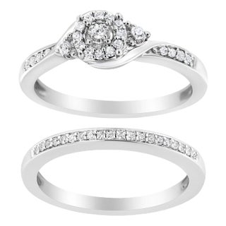 .925 Sterling Silver 1/4 Cttw Diamond Halo and Swirl Engagement Ring and Wedding Band Set (I-J Color, I3 Clarity)- Ring Size 7 For Sale