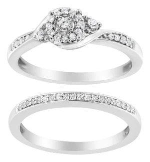 .925 Sterling Silver 1/4 Cttw Diamond Halo and Swirl Engagement Ring and Wedding Band Set (I-J Color, I3 Clarity)- Ring Size 7