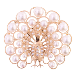 Late 20th Century 14k Gold Cultured Pearl Peacock Pin/Pendant