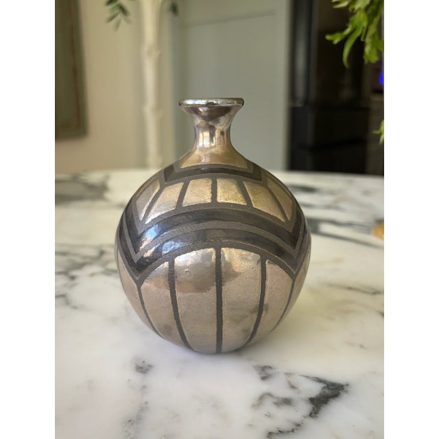 Vintage Metallic Geometric Art Deco Style Studio Pottery Vase For Sale - Image 10 of 12