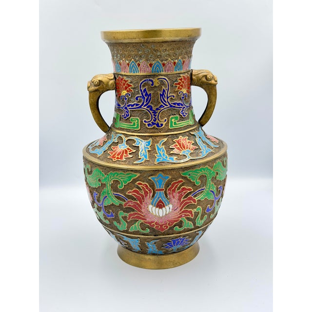 1920s Antique Japanese Bronze Champleve Enamel Cloisonne Temple Vessel Vase Urn For Sale - Image 5 of 6
