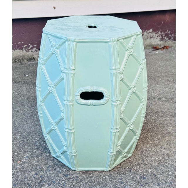 Vintage 1960s Italian Celadon Green Palm Beach Style Ceramic Garden Stool with Faux Bamboo Detail Bring a touch of Palm...