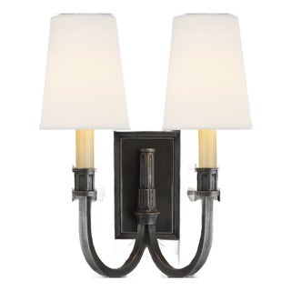 Thomas O'Brien for Visual Comfort Signature Modern Library Double Sconce in Bronze with Linen Shades For Sale