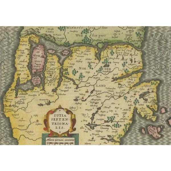 Antique map titled 'Iutia Septentrionalis'. Copper engraved map of Northern Jutland (Denmark) by P. Kaerius. This map...