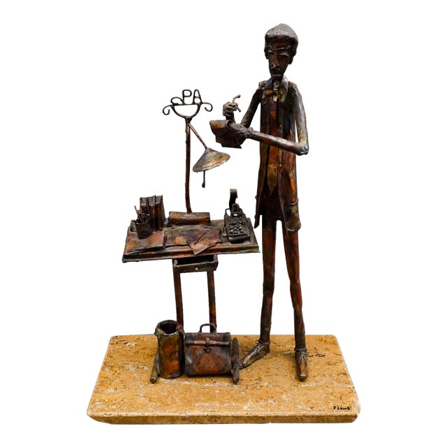 Jim Lewk Signed Brutalist Cpa Copper Art Sculpture with Marble Base For Sale